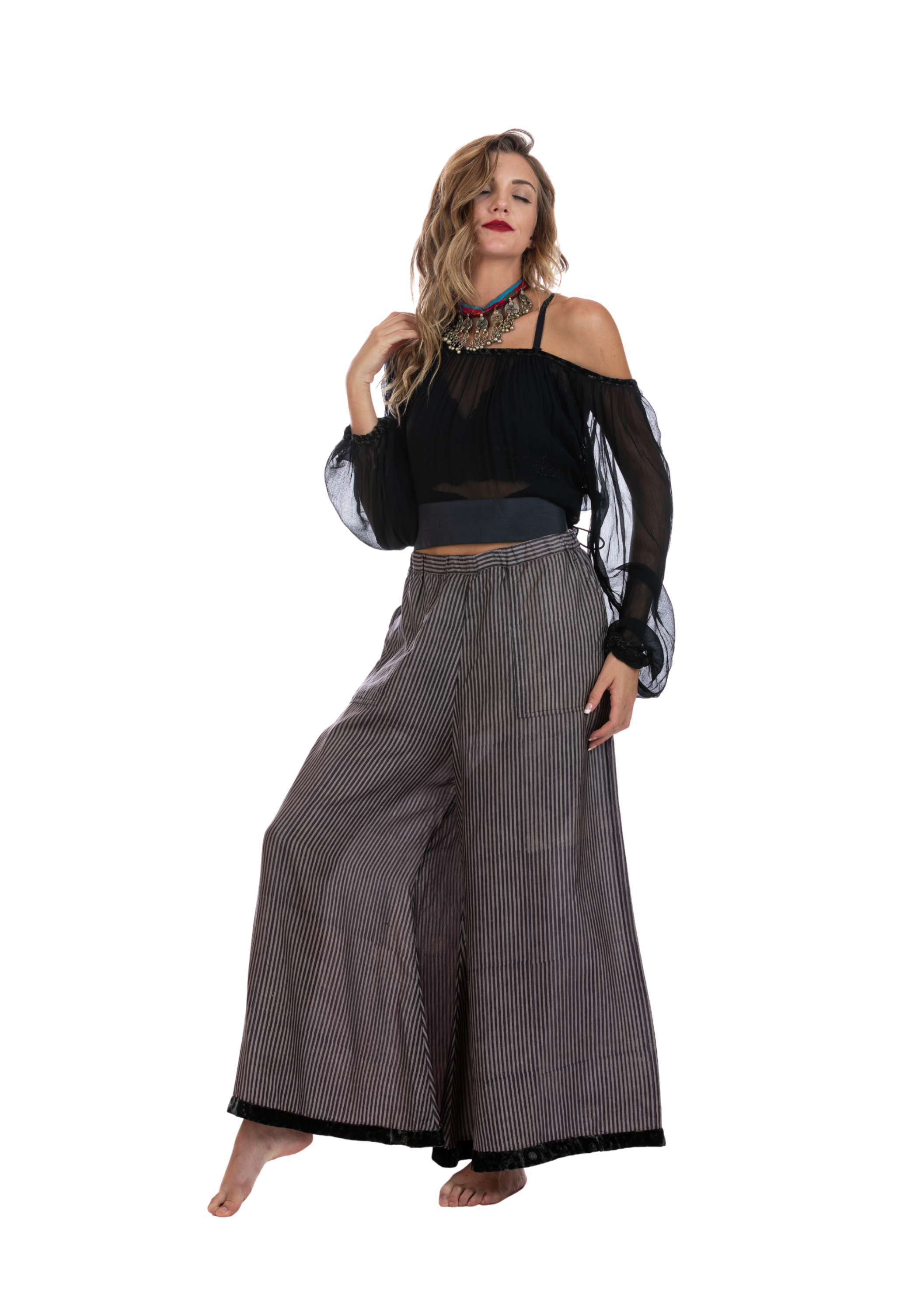 Sachi Black Pinstripe Flared Silk Pants