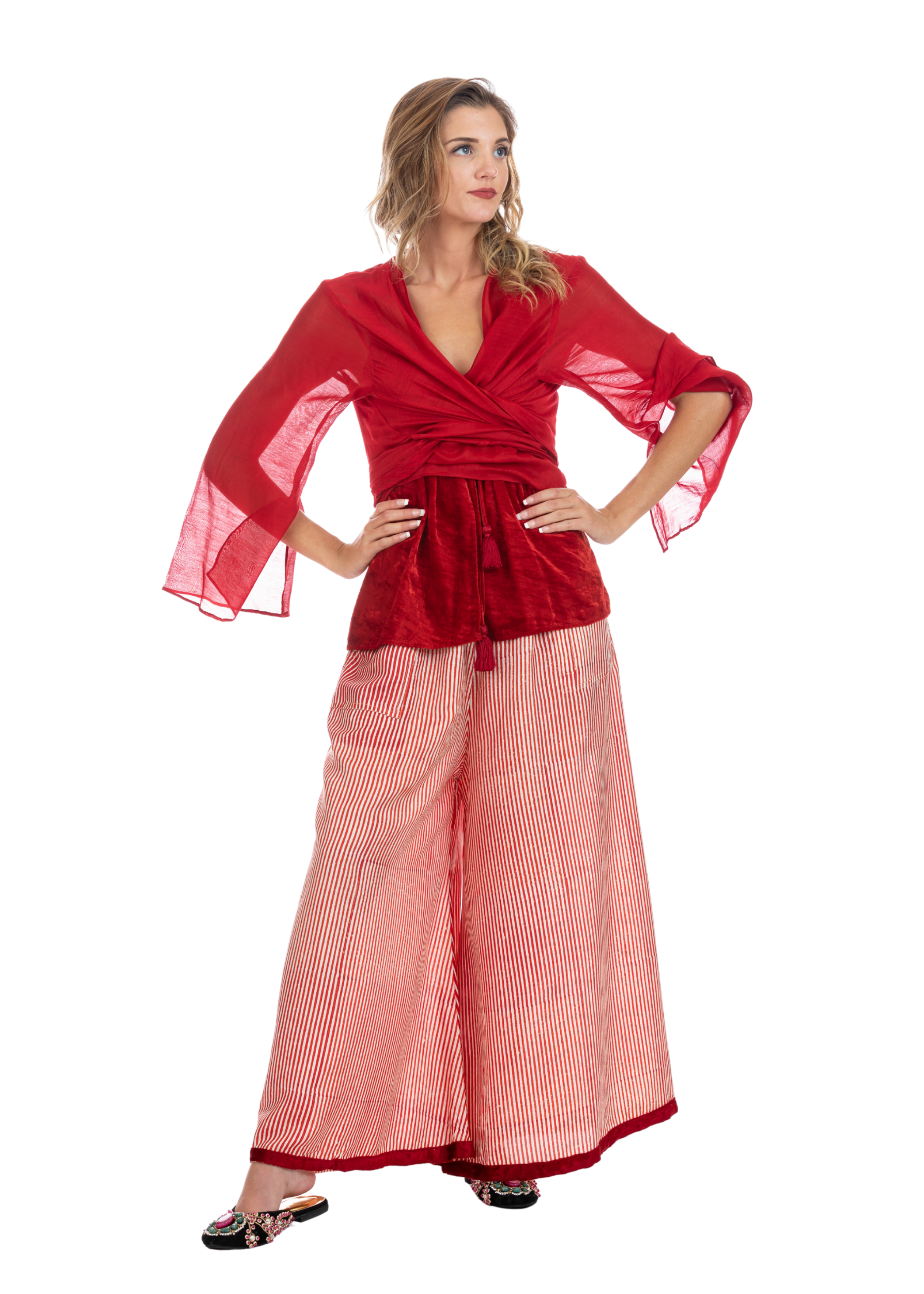 Sachi Silk Red Pinstripe Pants