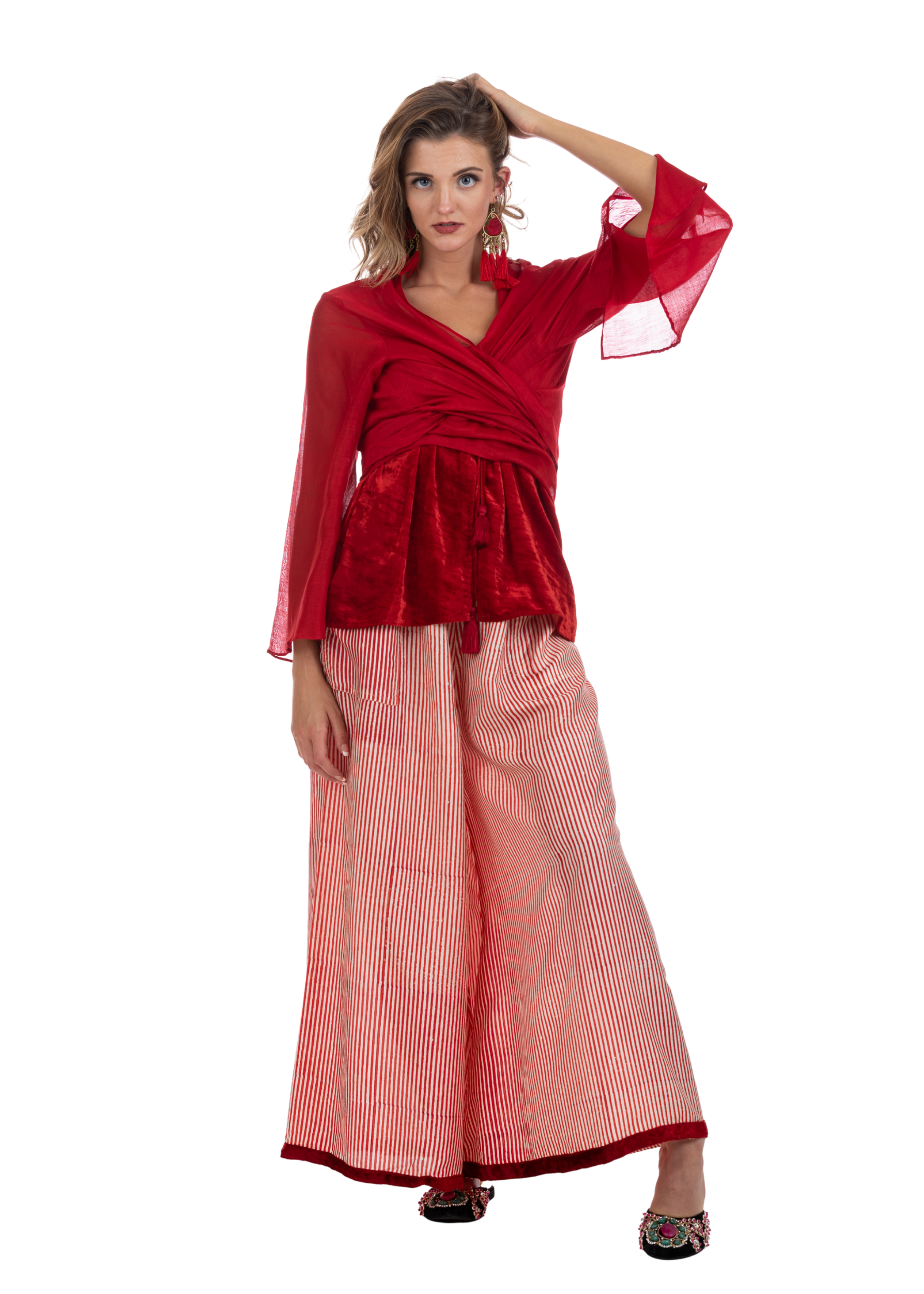 Sachi Silk Red Pinstripe Pants