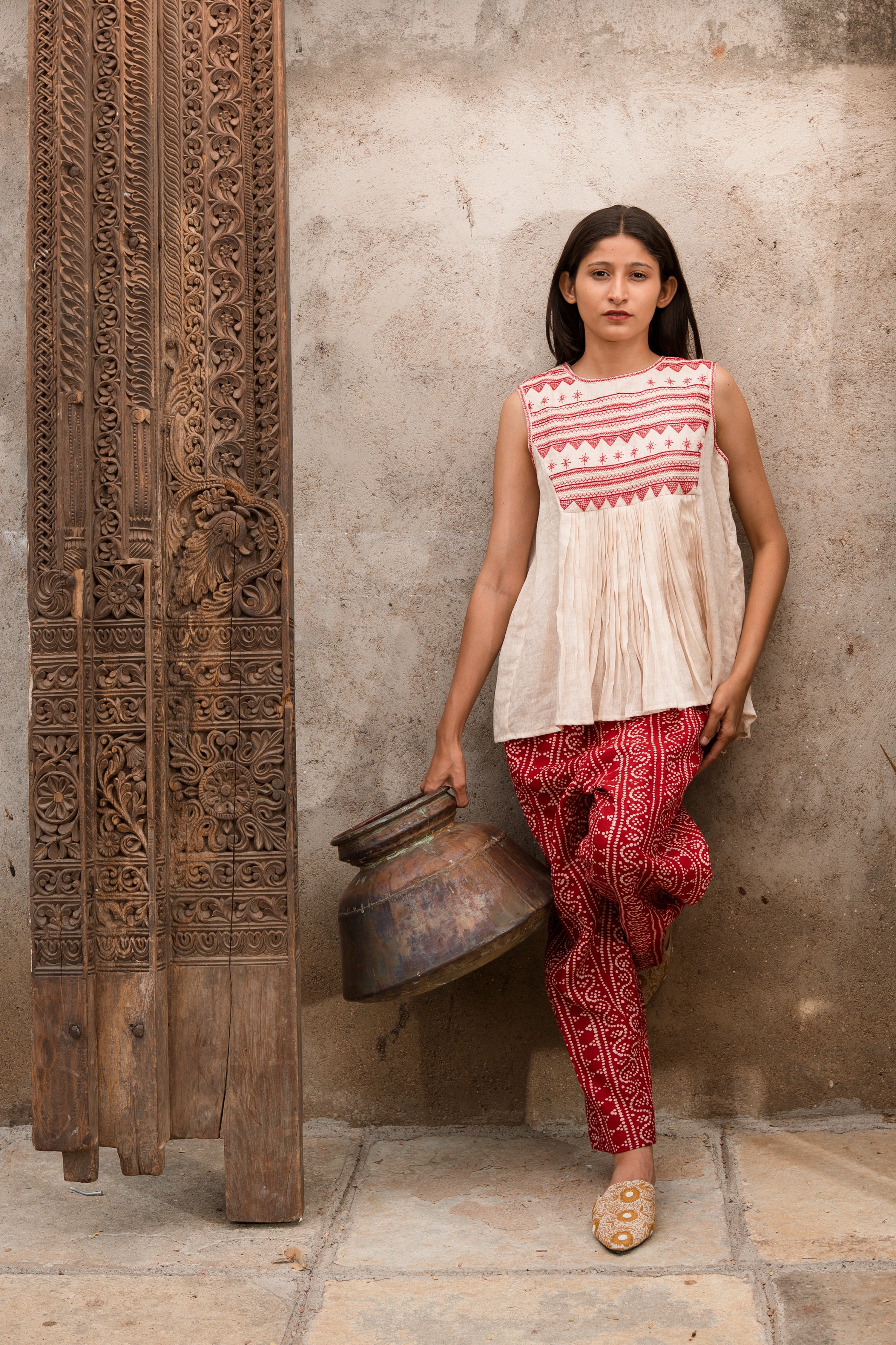 Yoshiko Linen Blouse with Red Embroidery