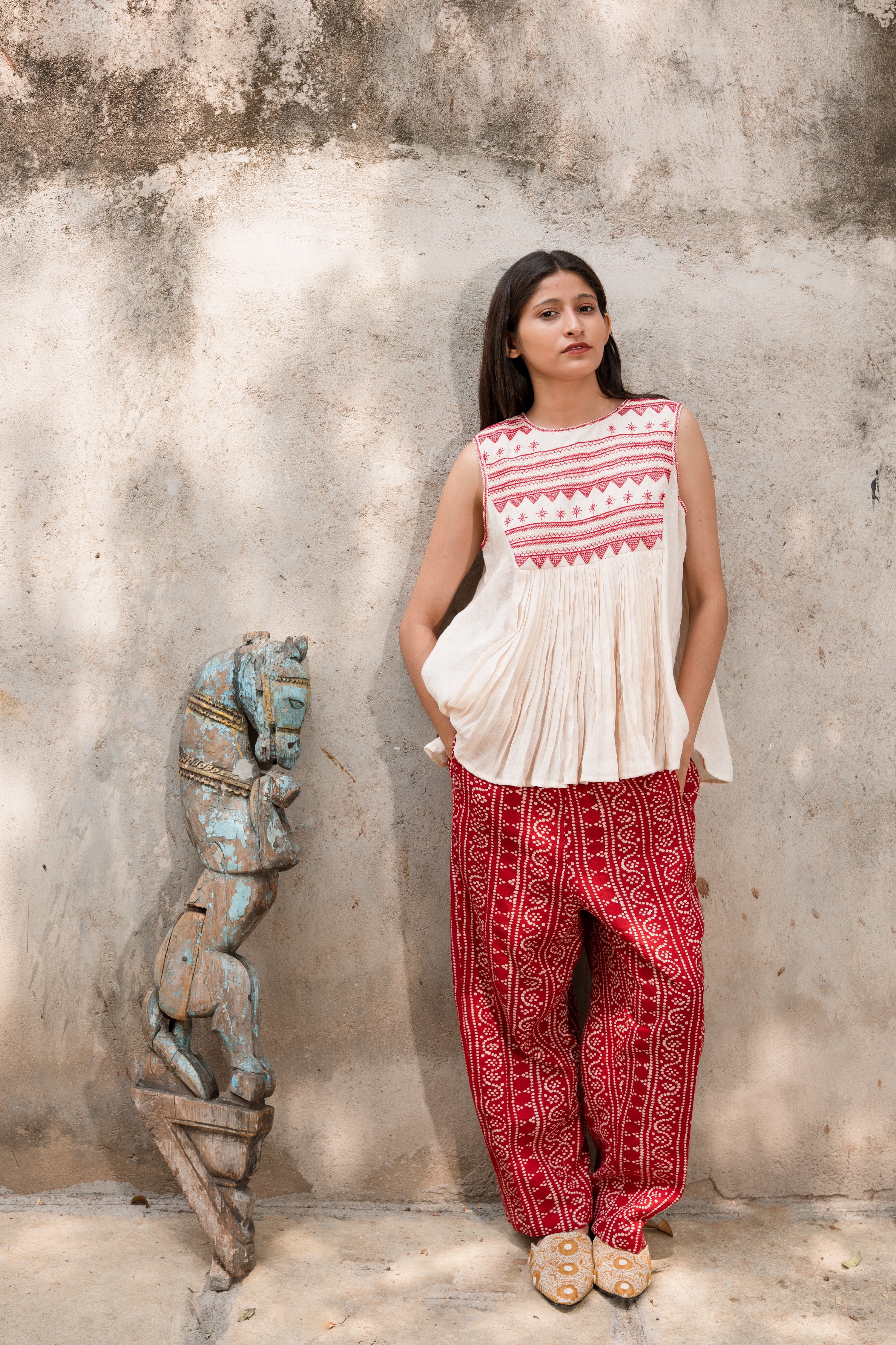 Yoshiko Linen Blouse with Red Embroidery