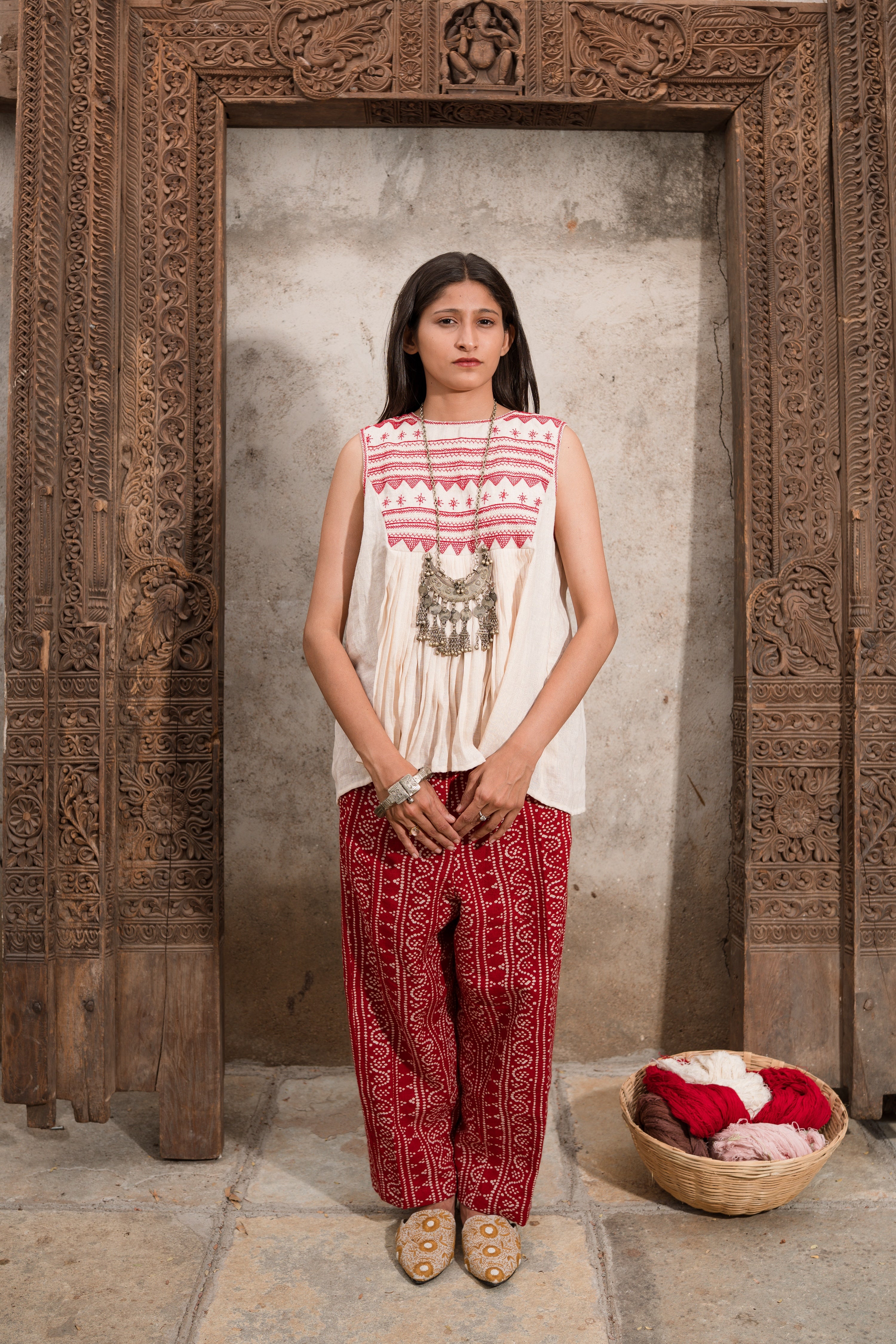 Yoshiko Linen Blouse with Red Embroidery