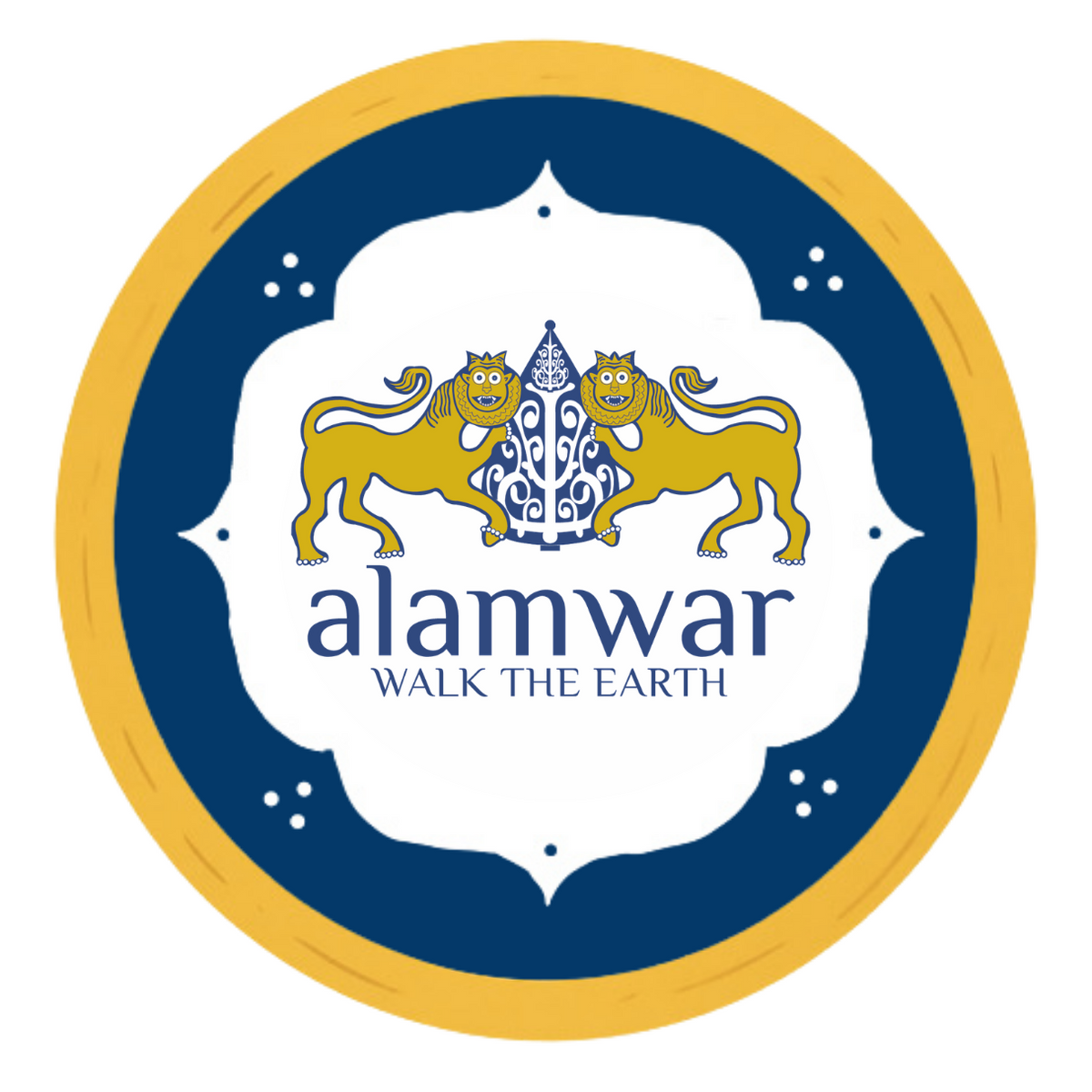 A circular logo or emblem with a gold outer ring, dark blue inner ring, and a white central panel featuring two gold lions and the text 'alamwar' and 'WALK THE EARTH'.