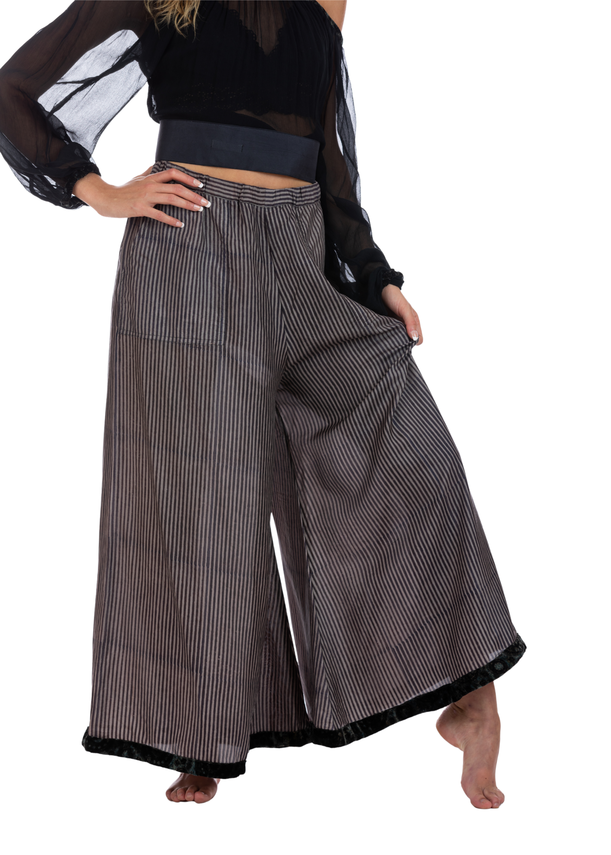 Sachi Black Pinstripe Flared Silk Pants