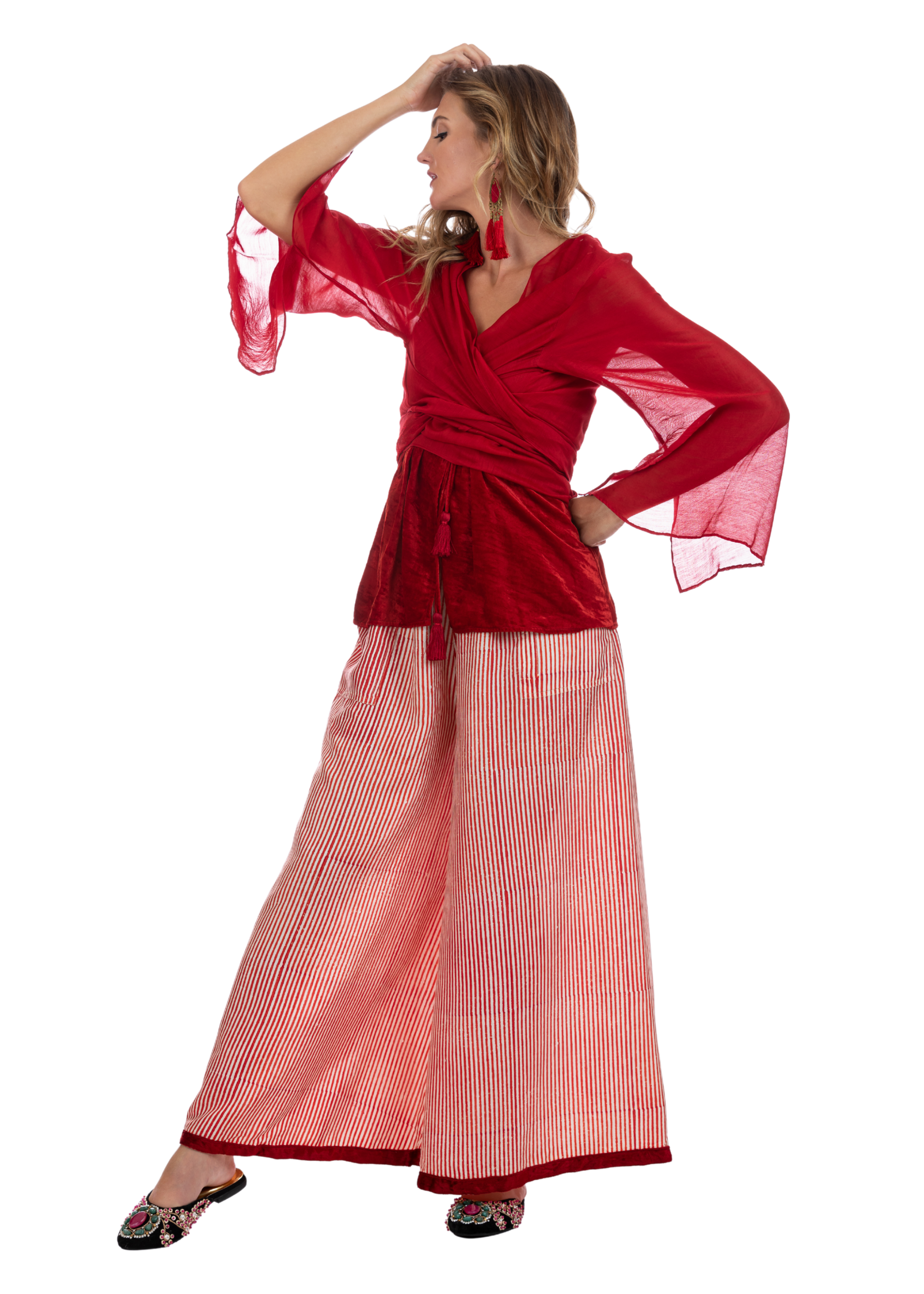 Sachi Silk Red Pinstripe Pants