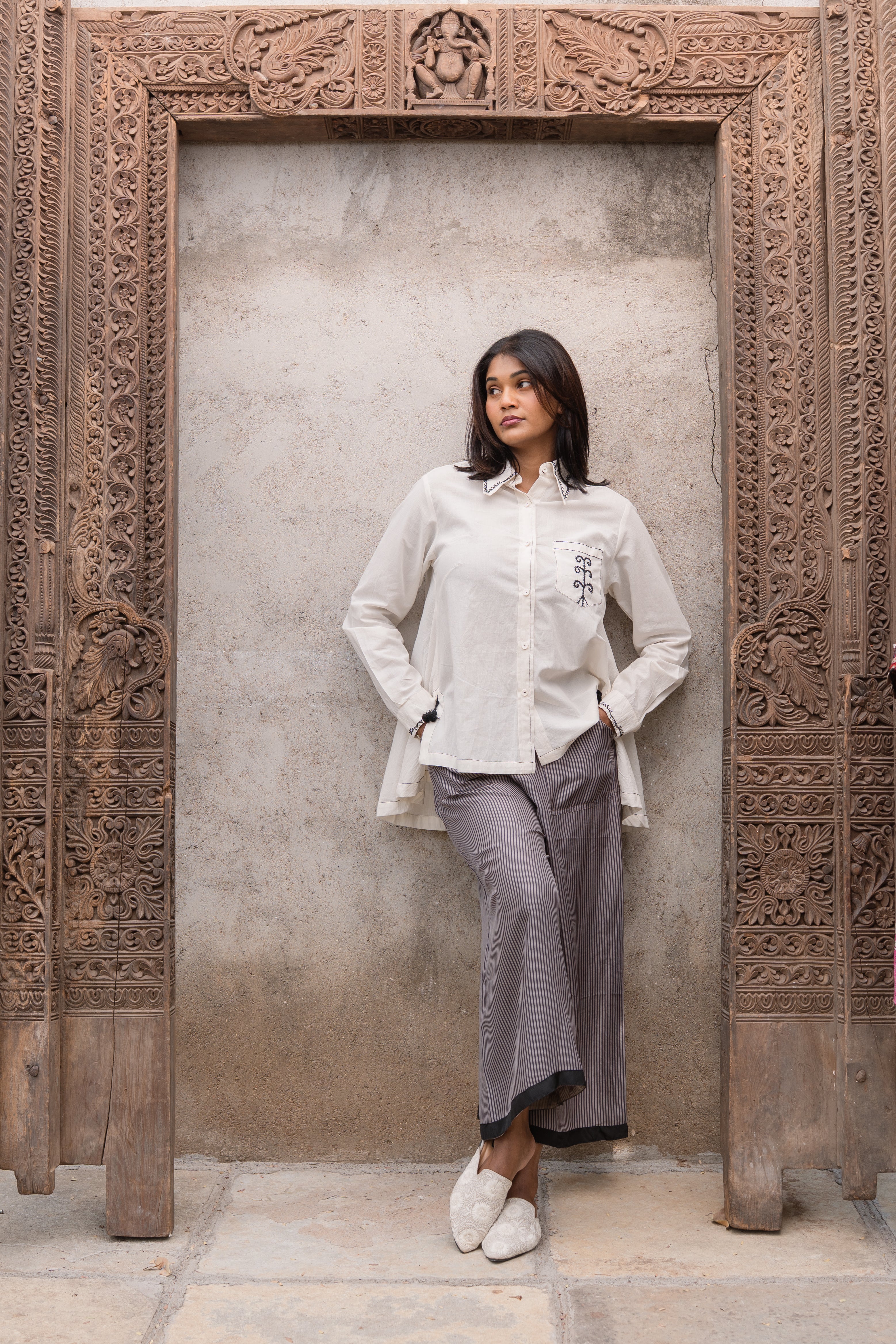 Sachi Black Pinstripe Flared Silk Pants