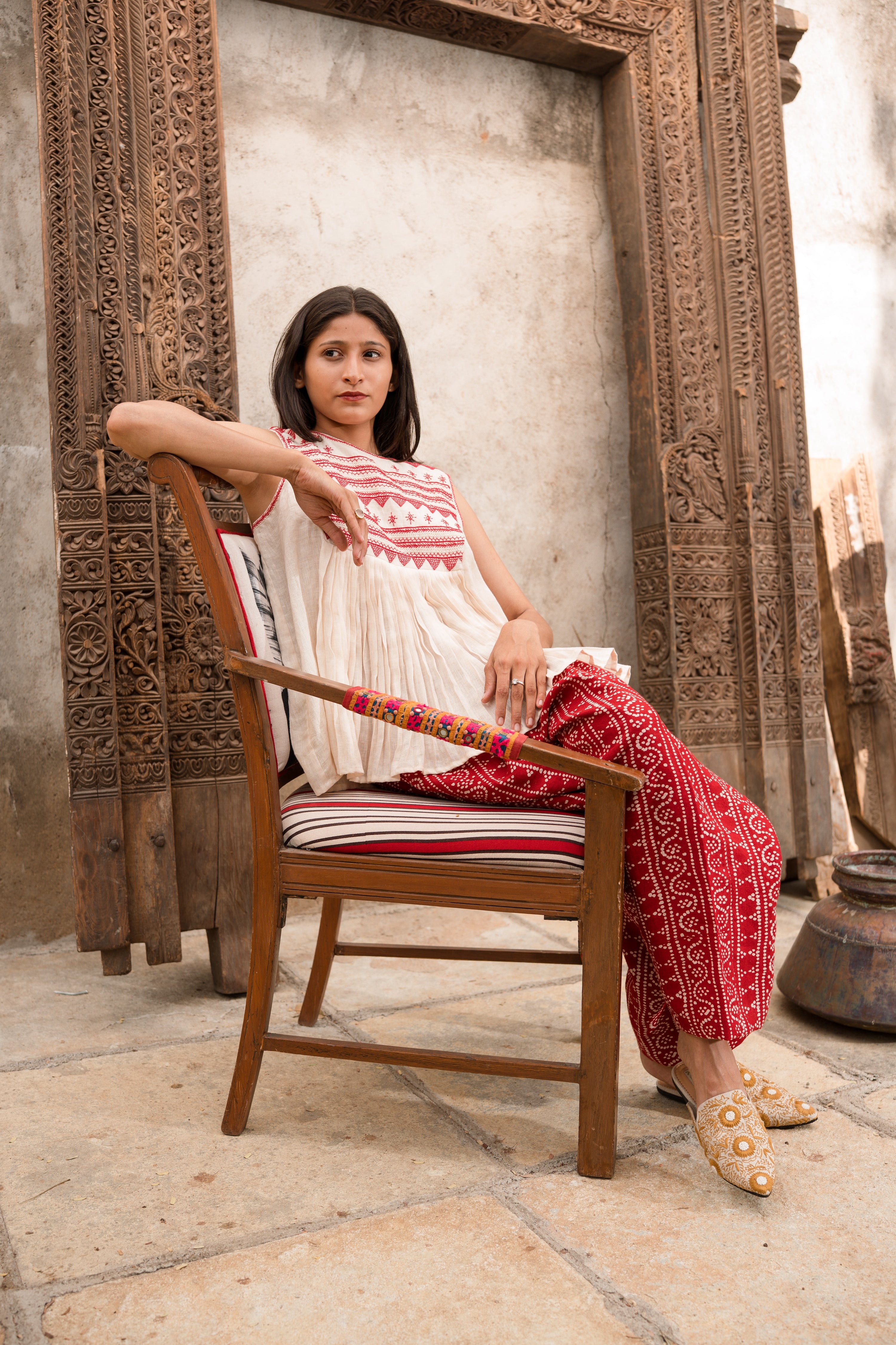 Yoshiko Linen Blouse with Red Embroidery